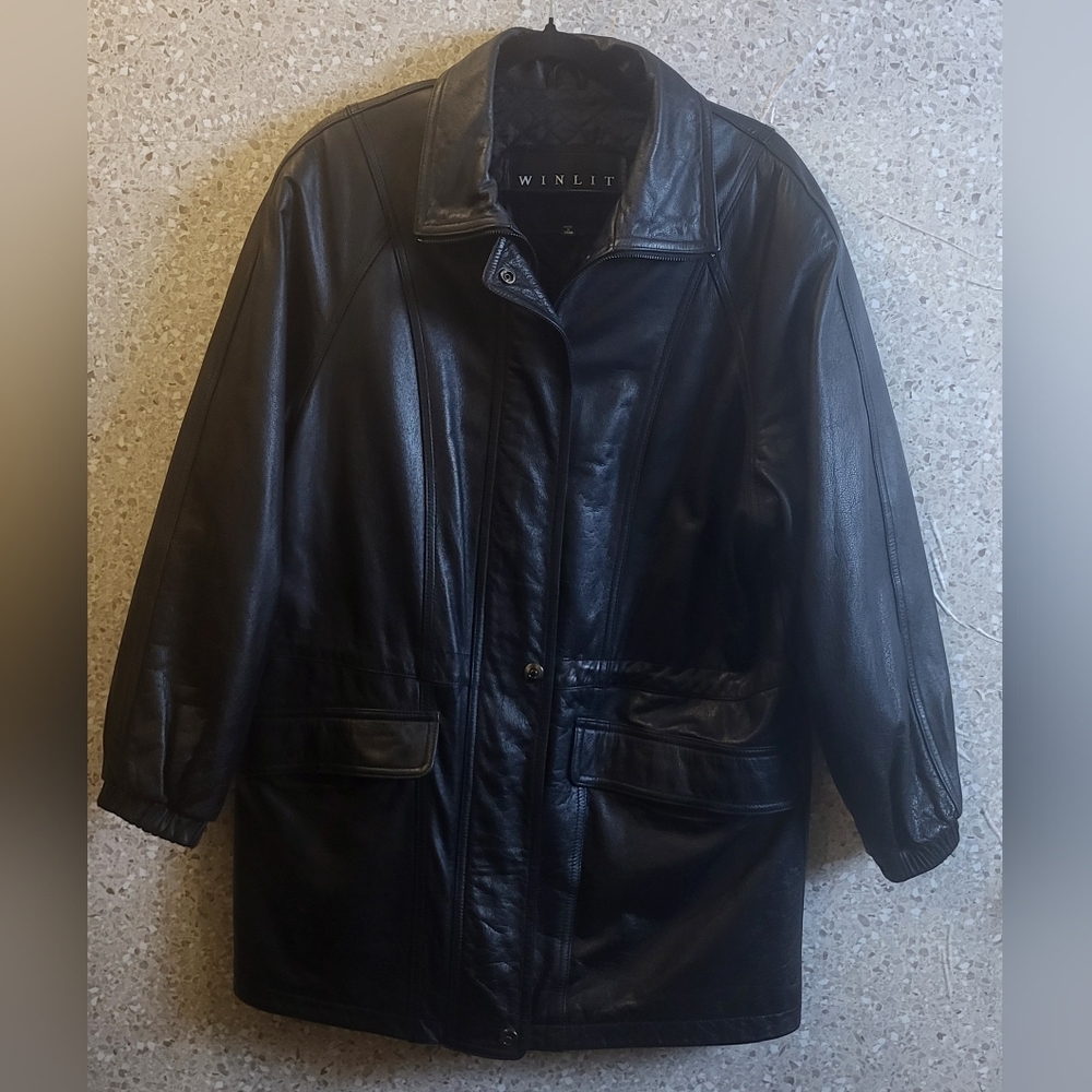 Vintage Winlit Leather Jacket Mens, Parka Jacket, Black Leather, Size M‎